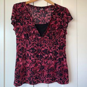 Stretchy cap sleeve wine/black print top L